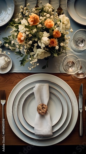 Top view of a set table with empty plates and glasses, table setting