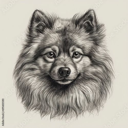 Spitz dog, engaving style, close-up portrait, black and white drawing, cute pet	 photo
