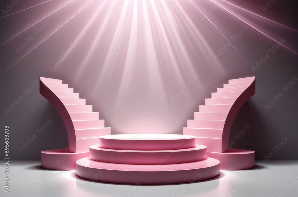 Obraz premium Three-dimensional pink realistic product podium in rays of light on a monochrome background.