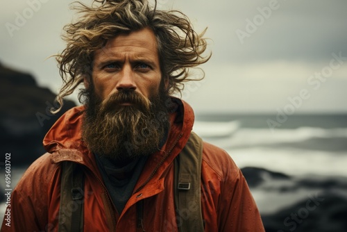 Rugged Sea Adventurer: A man with a weathered beard embodies the raw spirit of ocean exploration.