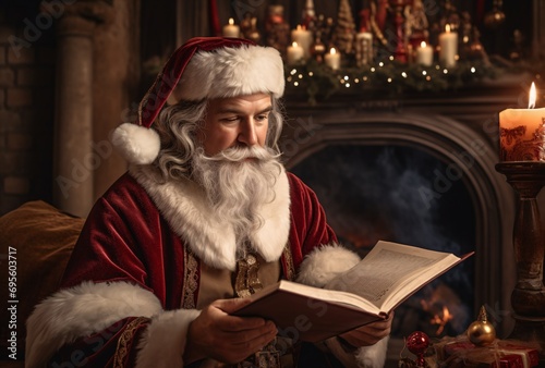 Santa Claus Reading a Book in Front of a Fireplace Generative AI