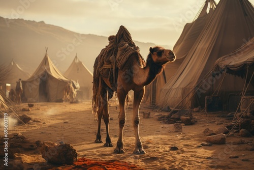 Nomadic Desert Camel: A lone camel stands before traditional tents, symbolizing endurance in the desert.