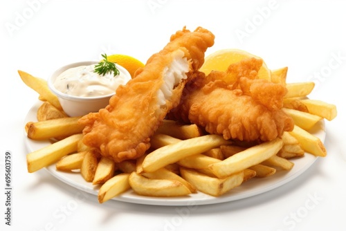 Battered deep fried fish and chips and tartar sauce on white background photo