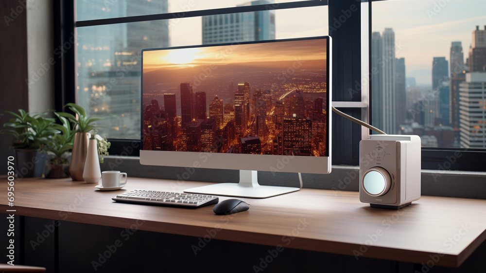 A mockup of a high-end, flat-screen monitor, with a slim bezel, in a professional office setup. - obrazy, fototapety, plakaty 