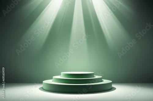 Three-dimensional green realistic product podium in rays of light on a monochrome background. Generative AI