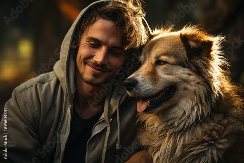Man with Loyal Dog: Tender moment between a smiling man and his dog, embodying companionship and unconditional love. © ZenOcean_DigitalArts