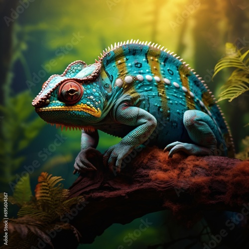 A vibrant blue and green lizard sitting on a tree branch Generative AI