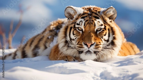  a close up of a tiger laying in the snow looking at the camera with a blue sky in the background.