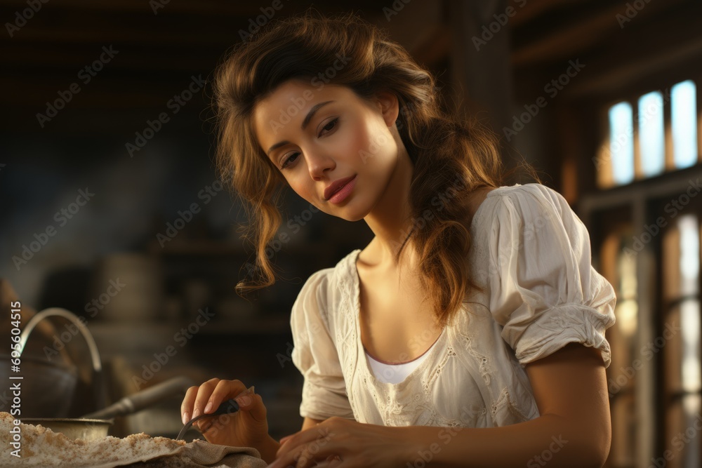 Rustic Kitchen Baking, Young Woman Kneading Dough, Homely Comfort, Traditional Cooking, Morning Light.