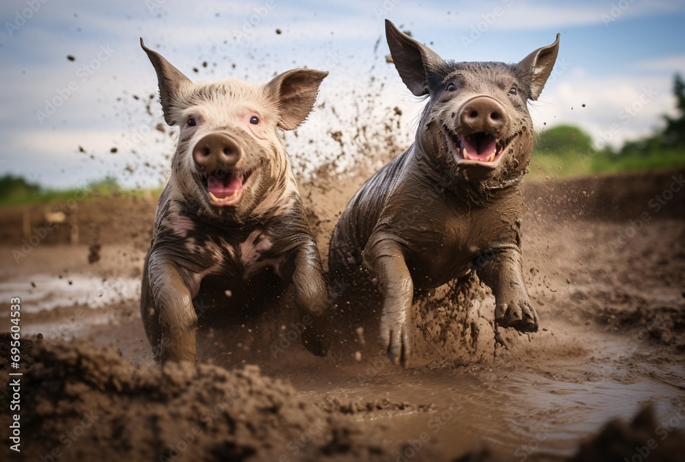 Two Pigs Playing in Mud Generative AI - obrazy, fototapety, plakaty 