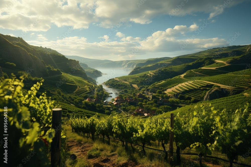 Picturesque Vineyard Overlooking River, Lush Greenery, Serene Wine Country, Idyllic Rural Landscape.