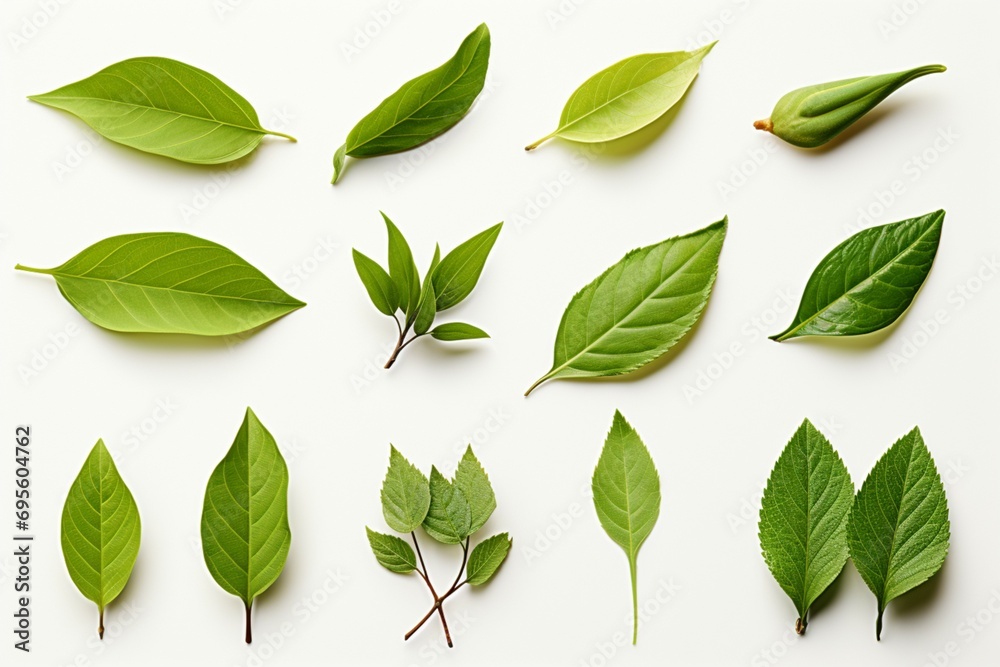 Fresh herb collection Basil leaves arranged on a simple white backdrop - obrazy, fototapety, plakaty 