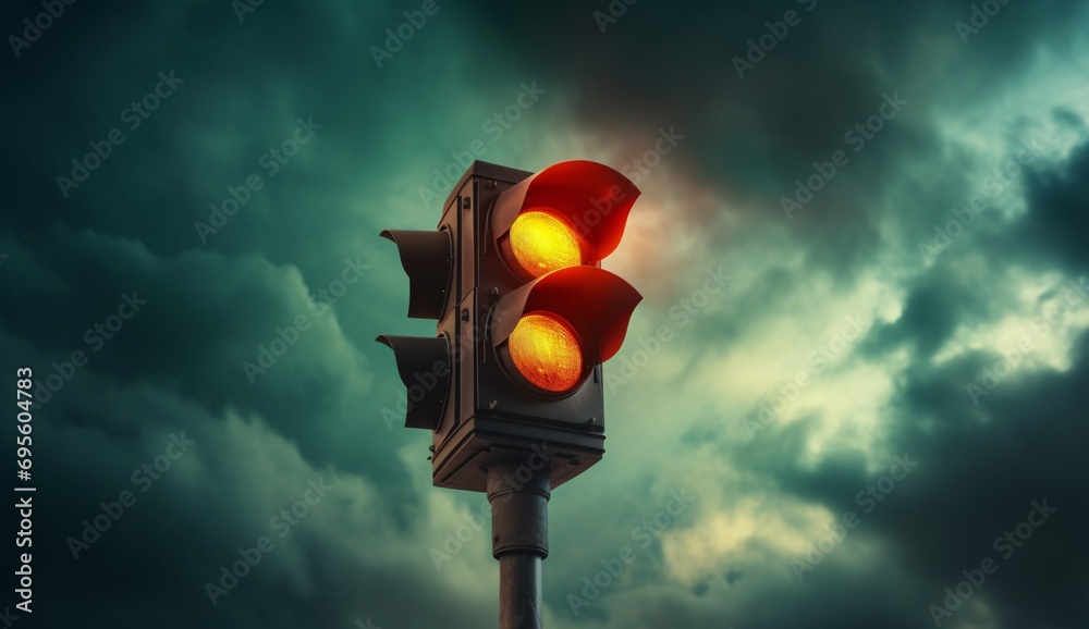 Red Traffic Light on a Cloudy Day Generative AI - obrazy, fototapety, plakaty 