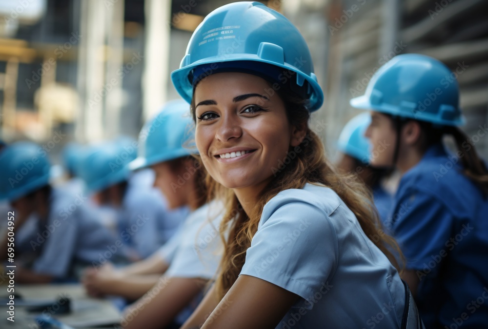 A woman wearing a blue hard hat smiling at the camera Generative AI