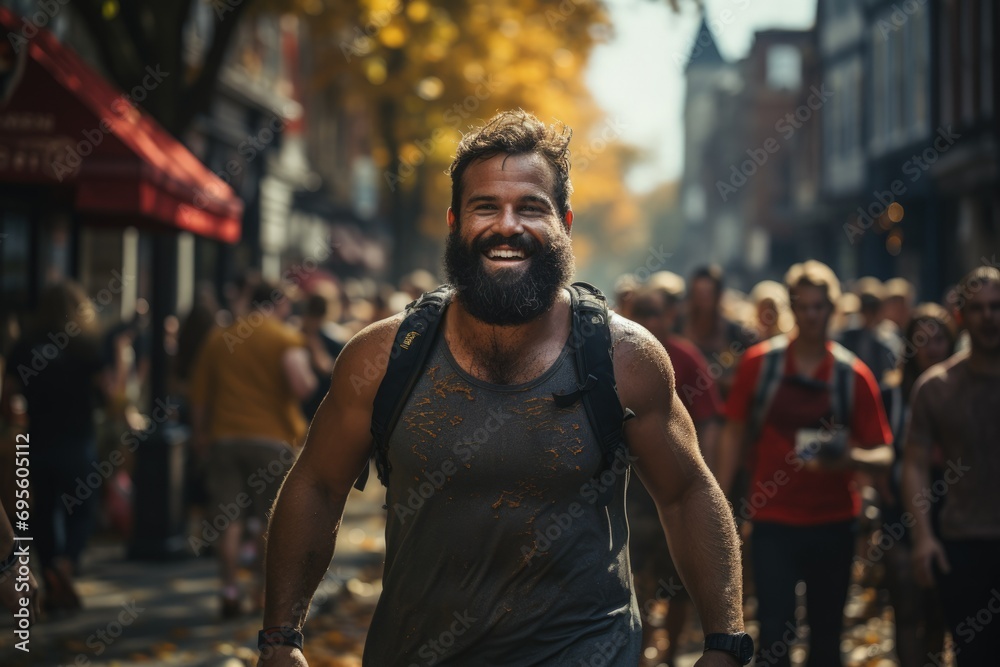 Joyful Urban Runner: A bearded man with a bright smile runs through a bustling city street, radiating happiness and an active lifestyle.