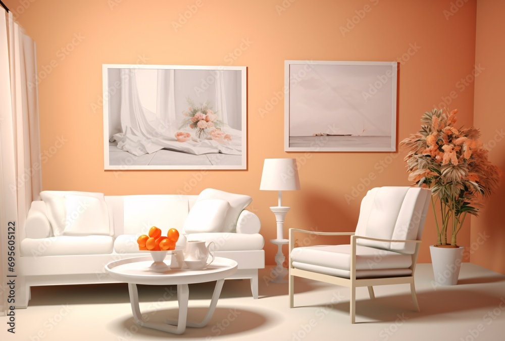 Fototapeta premium A cozy living room with a couch, chair, and table Generative AI
