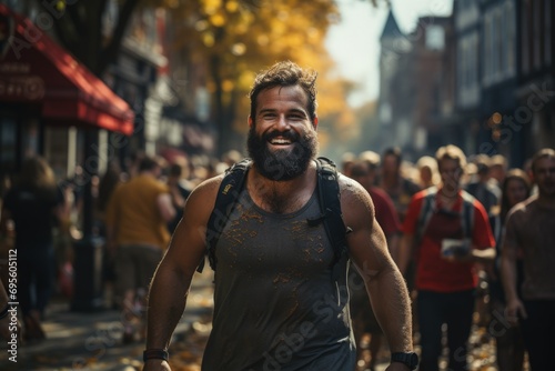 Joyful Urban Runner: A bearded man with a bright smile runs through a bustling city street, radiating happiness and an active lifestyle.