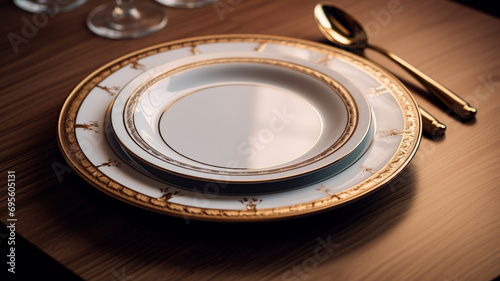 A mockup of an elegant, gold-rimmed dinner plate set, displayed on a formal dining table.