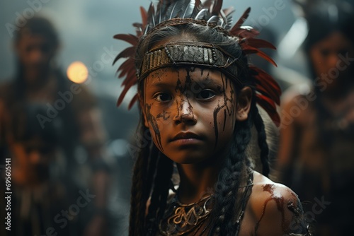 Young Warrior's Stance: Intense portrait of a child in tribal warrior makeup, eyes conveying strength and ancient traditions against a tribal backdrop.