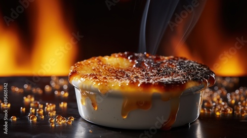  a close up of a bowl of food with a lot of smoke coming out of it and a fire in the background.
