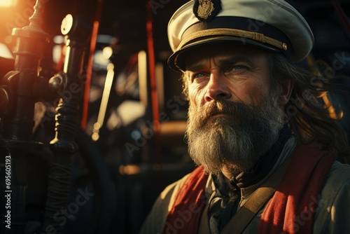 Stoic Sea Captain Portrait: A rugged sea captain, his face etched with experience, gazes into the distance, symbolizing steadfast leadership and nautical adventure.