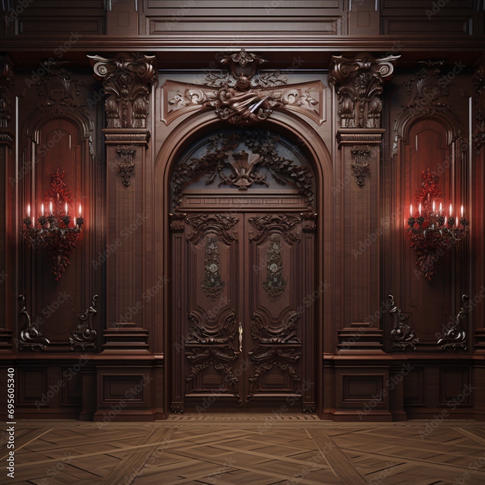 A grand entrance with a wooden door and ornate carvings Generative AI