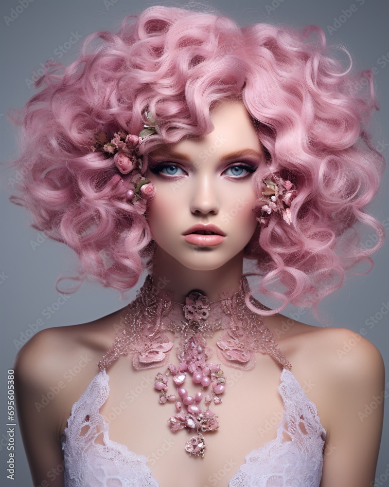 Pink-haired model with pink hair and pink flowers in her hair Generative AI