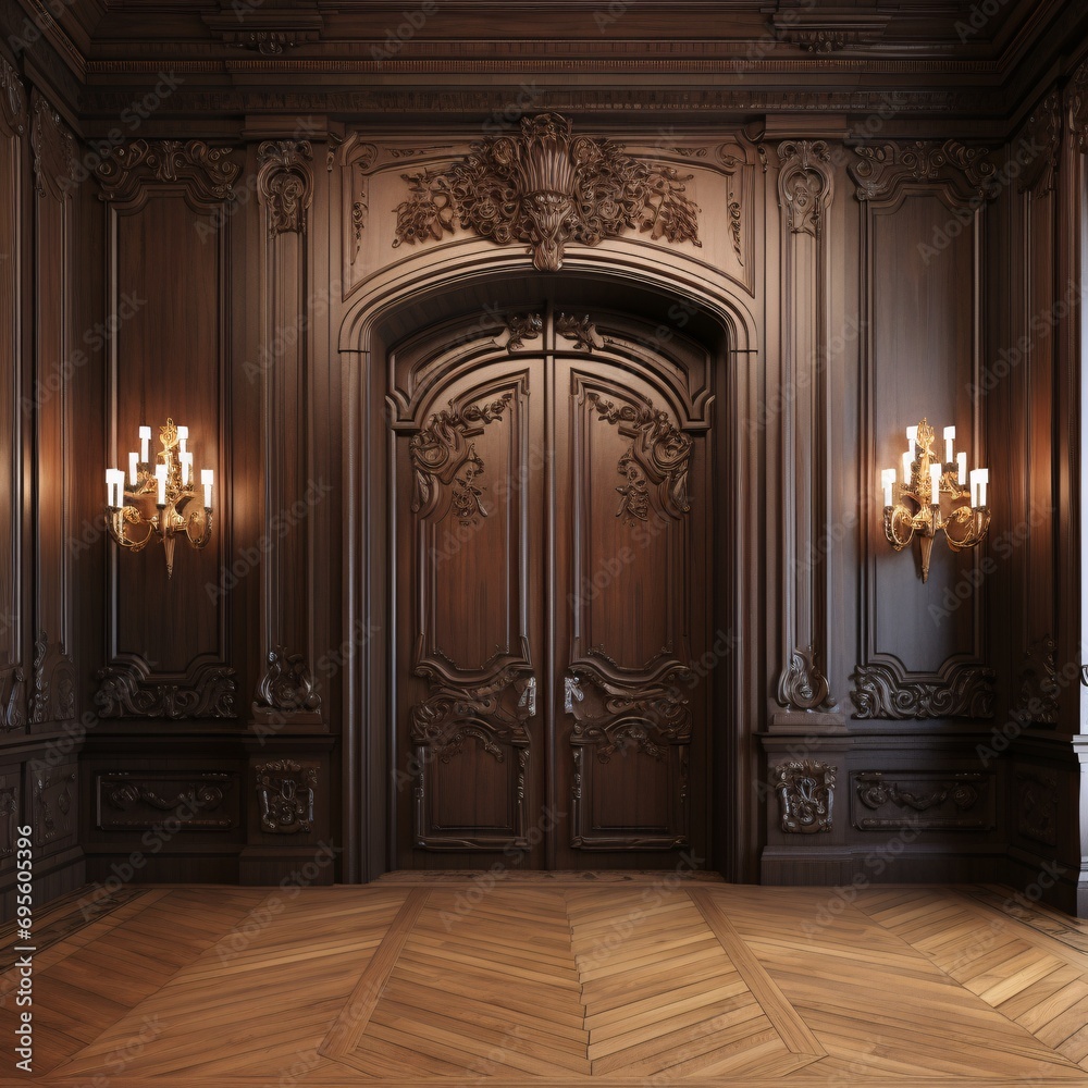 A grand entrance with a wooden door and ornate carvings Generative AI