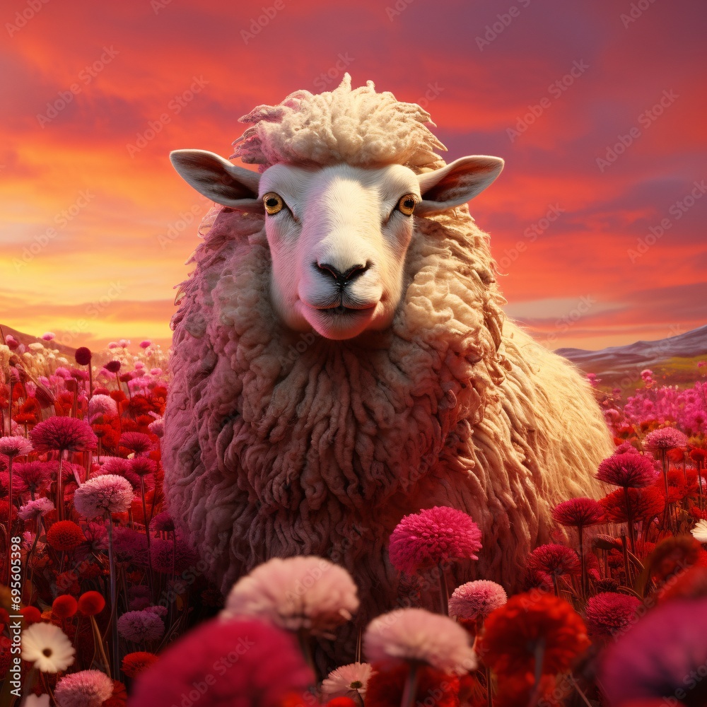 A sheep with a yellow face standing in a field of red flowers Generative AI