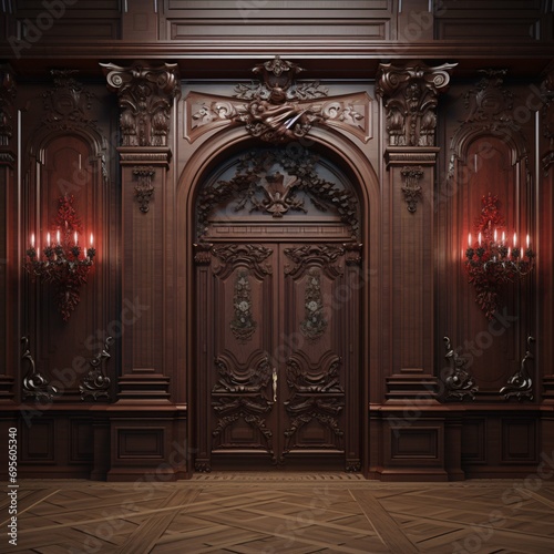 A grand entrance with a wooden door and ornate carvings Generative AI © Vinod