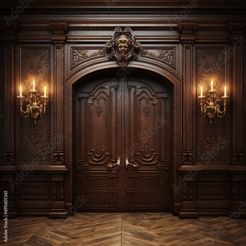A grand entrance with a wooden door and ornate decorations Generative AI photo