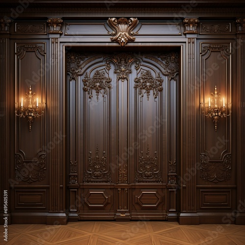 A grand entrance with a wooden door and ornate design Generative AI