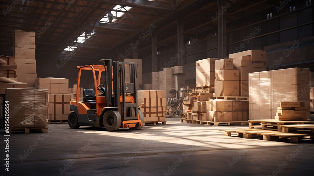 A large orange forklift in a warehouse Generative AI