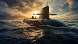 A submarine on the water surface at sunset Generative AI