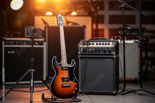 A premium electric guitar mockup on a stand, with a music studio background complete with amplifiers and microphones. photo
