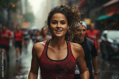 Urban Runner's Bliss: A woman jogs through the city rain with a joyful expression, embodying energy and an active, healthy lifestyle.