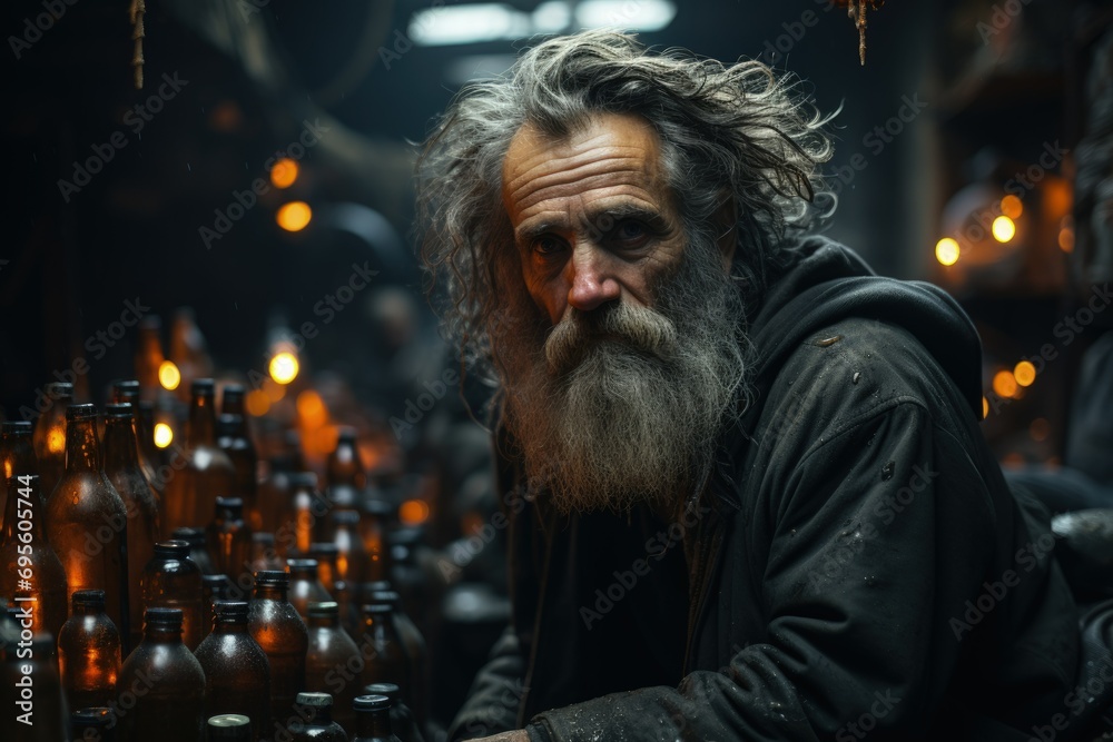 Contemplative Homeless Man: A portrait capturing the profound, somber emotions of a bearded homeless man with intense gaze amidst dark, blurred bottles, reflecting themes of solitude and hardship.