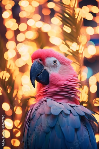 A vibrant pink and blue parrot perched on a branch in front of a colorful light display Generative AI