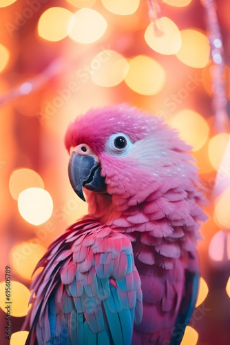 A vibrant pink and blue parrot with a piercing gaze Generative AI