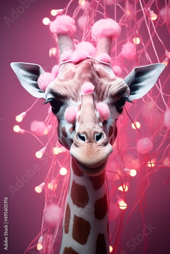 Giraffe with Pink Dots on Head Generative AI