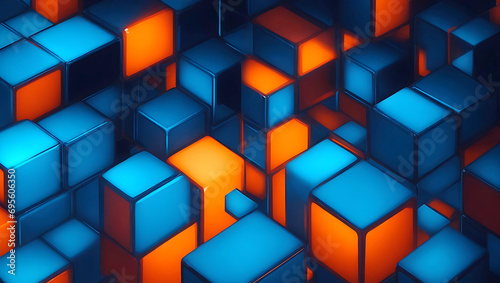 Blue and orange cubes abstract background texture 3d