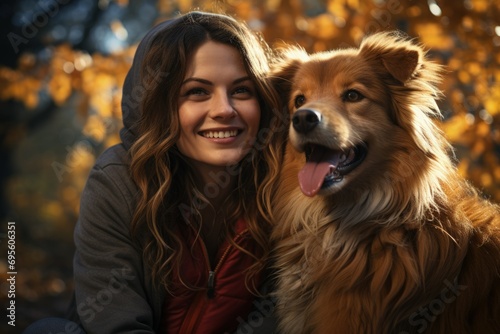 Autumn Joy: Woman and her fluffy dog enjoying golden autumn vibes, portraying companionship and happiness. © ZenOcean_DigitalArts