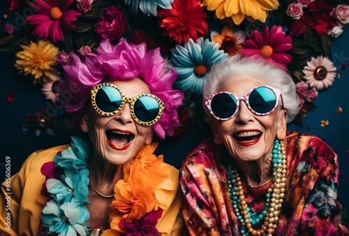 Two Elderly Women Wearing Sunglasses and Flower Hats Generative AI