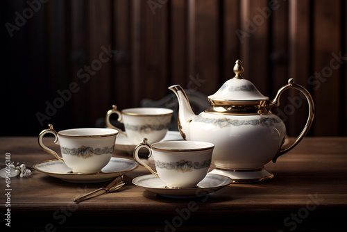 An elegant porcelain tea set mockup on a vintage wooden table, with a traditional and refined setting.