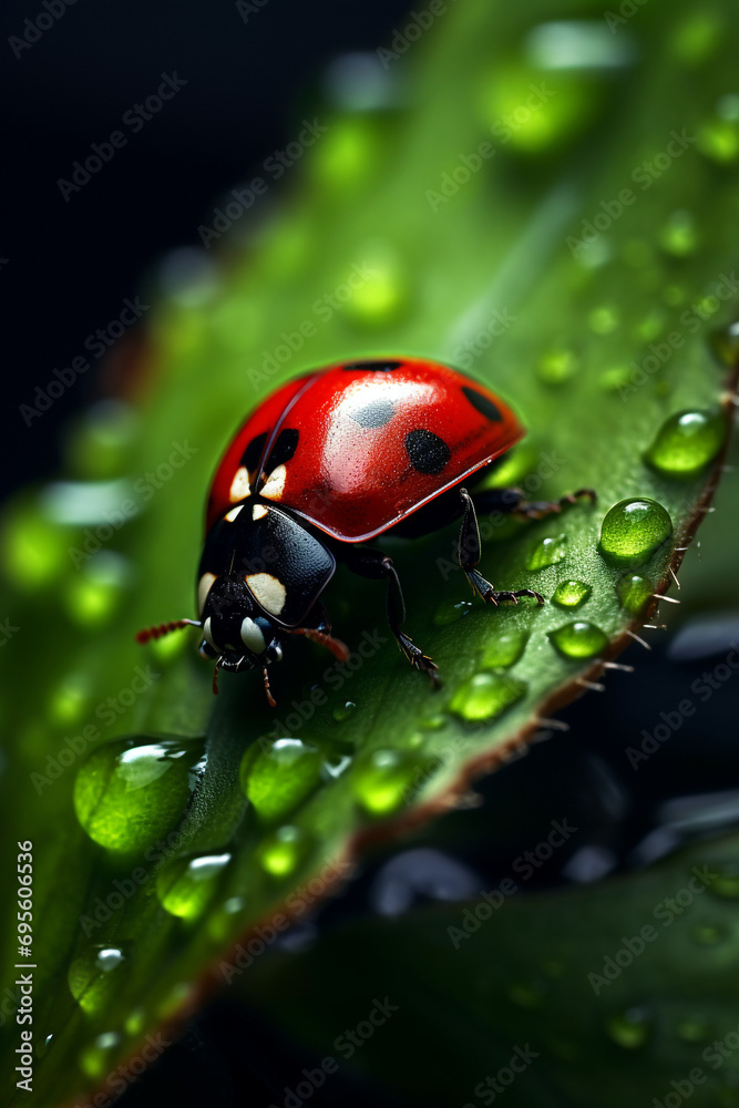 a mesmerizing close-up of a vibrant ladybug perched delicately on a dew-covered leaf created with Generative Ai a mesmerizing close-up of a vibrant ladybug perched delicately on a dew-covered leaf created with Generative Ai
