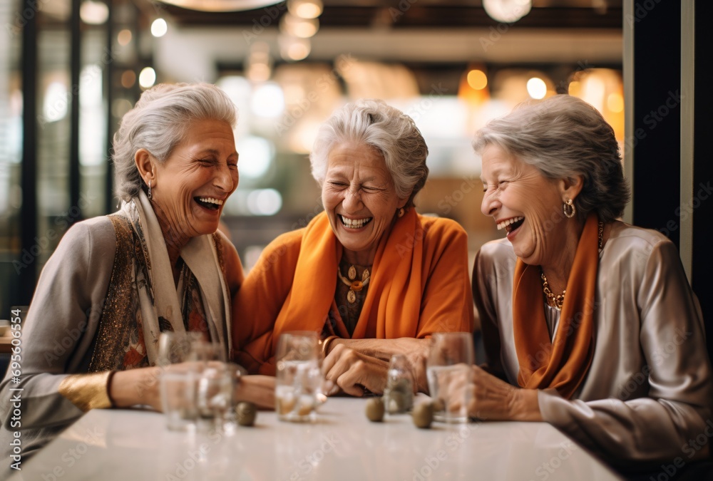 Three women laughing and smiling at a table. Generative AI Three women laughing and smiling at a table. Generative AI