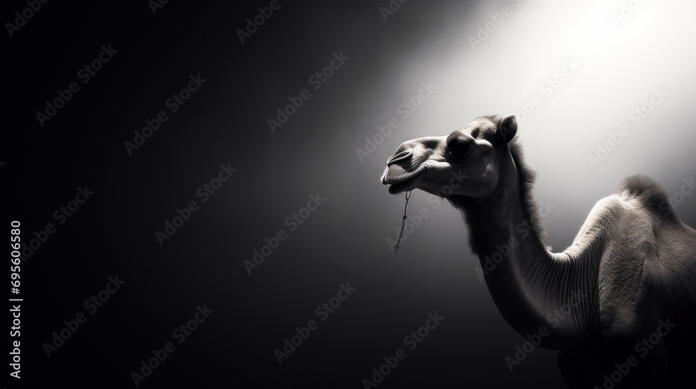 Fototapeta premium a black and white photo of a camel's head with a light shining down on it's head.