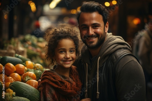 Joyful Bonding: Smiling father and daughter at market radiate familial love and wholesome connection.