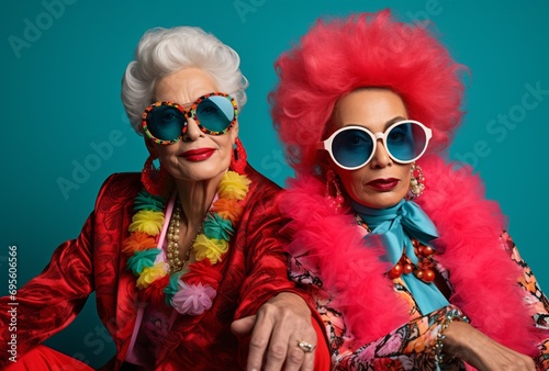 Two Women in Sunglasses and Colorful Outfits Generative AI