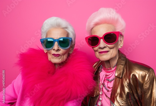 Two Women in Pink Sunglasses and Pink Coats Generative AI